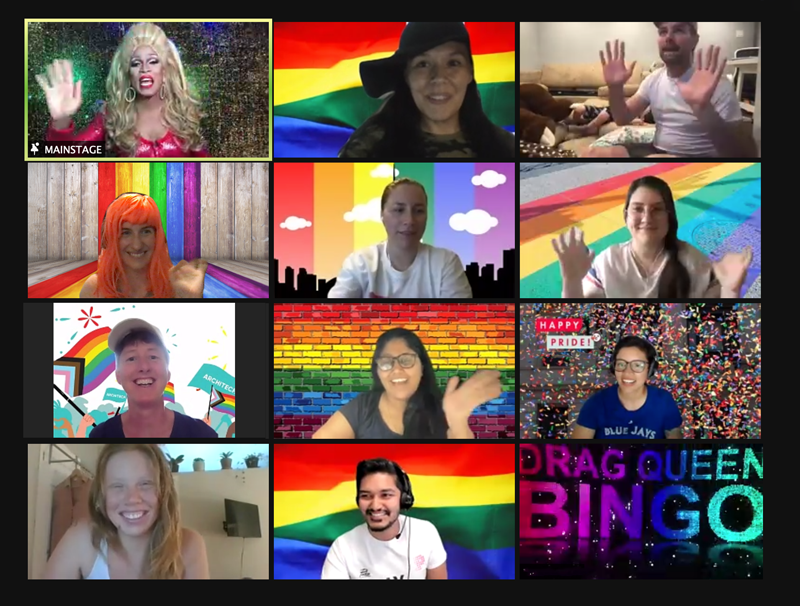 Team members wave and smile at the webcam. The text reads Drag Queen Bingo.